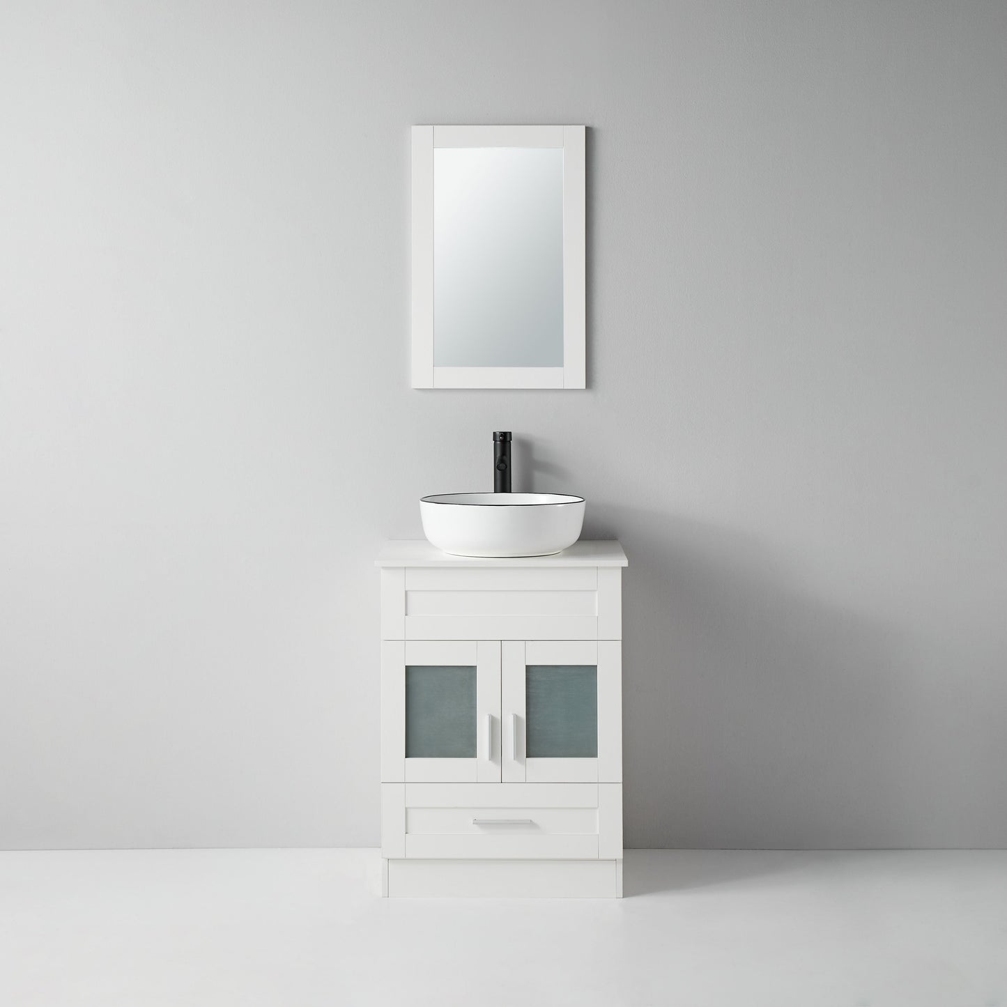 24 in.W x 19 in.D x 32.3 in.H White Wooden Minimalist Bath Cabinet with Round White Ceramic Sink, Faucet, Mirror