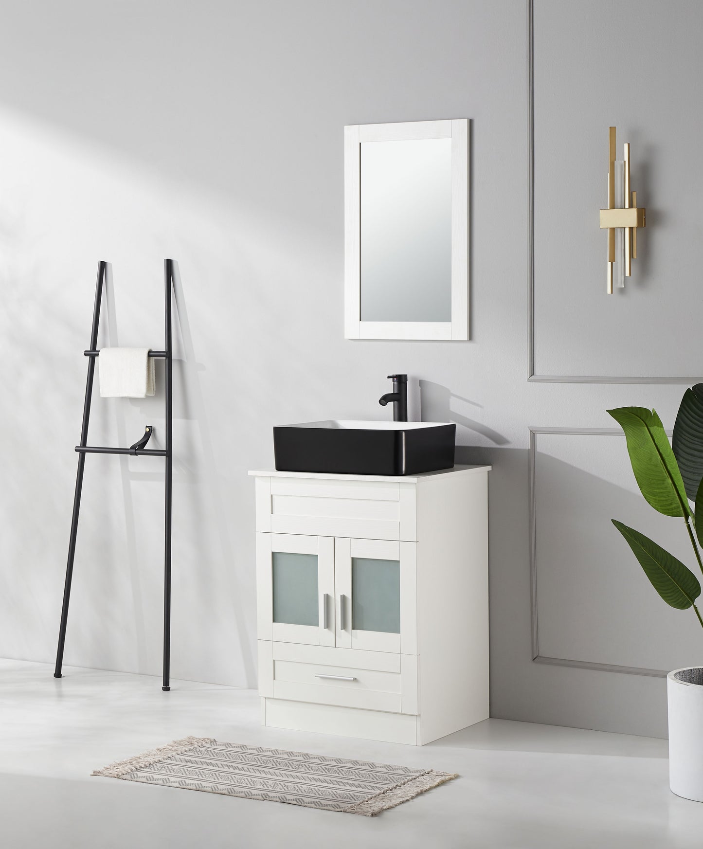 24 in.W x 19 in.D x 32.3 in.H White Wooden Minimalist Bathroom Cabinet with Square Black Ceramic Sink, Faucet, Mirror
