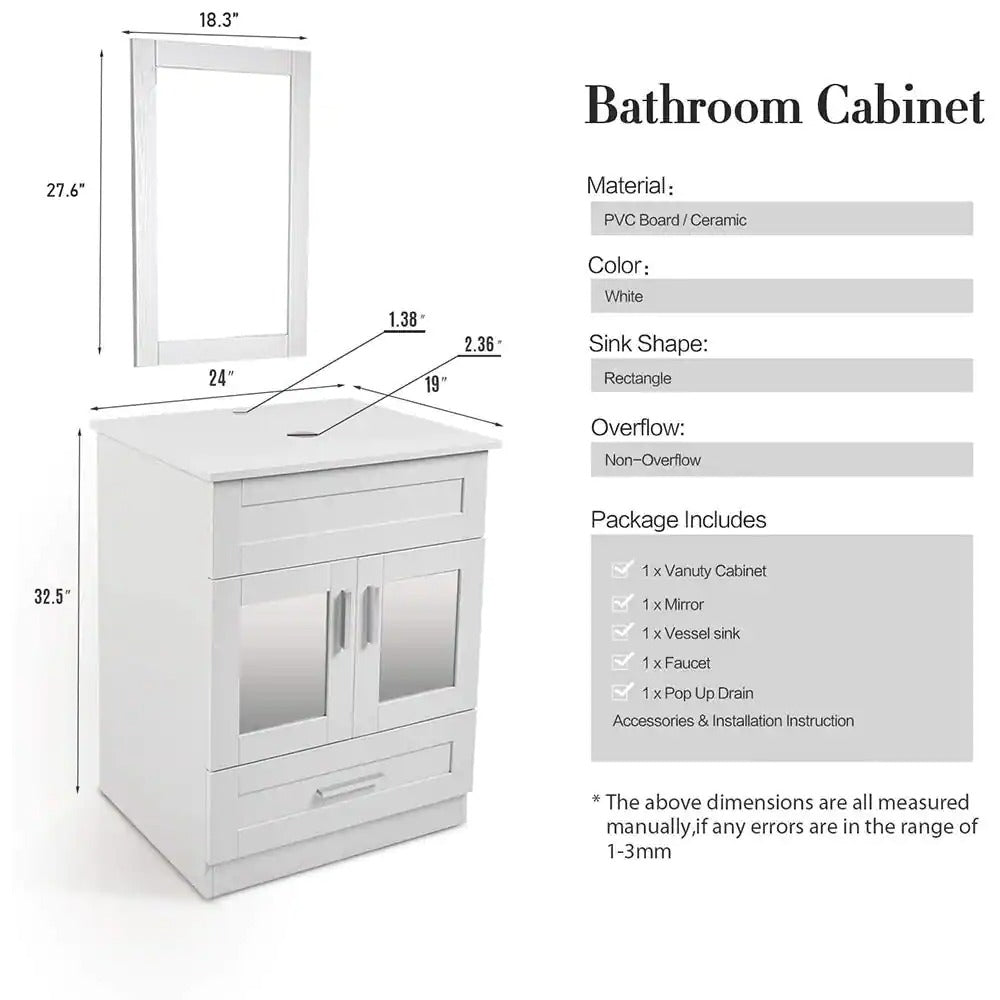24 in.W x 19 in.D x 32.3 in.H White Wooden Minimalist Bathroom Cabinet with Square White Ceramic Sink, Faucet, Mirror