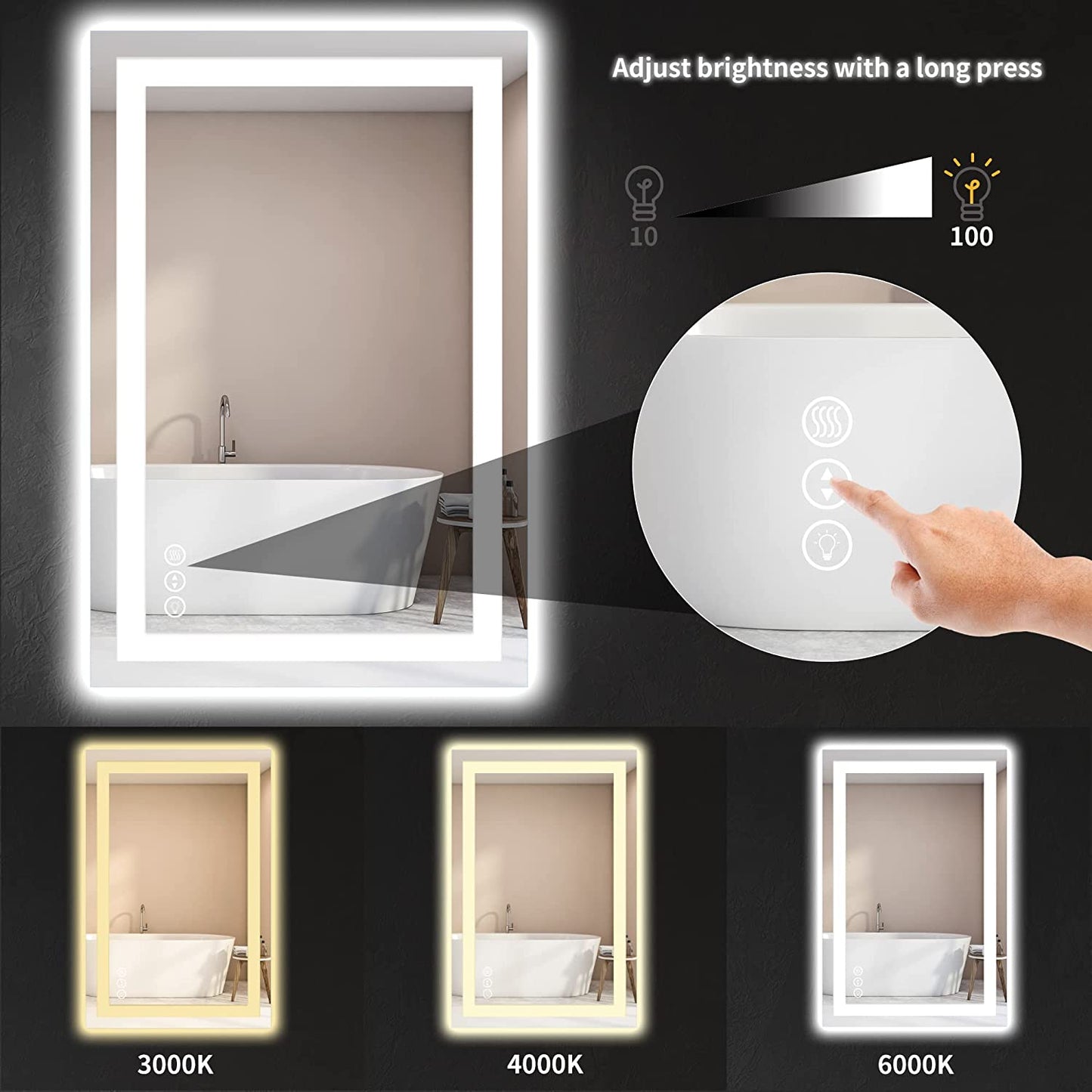 24 in. W x 36 in. H LED Rectangular Frameless Anti-Fog Bathroom Mirror Front & Backlit