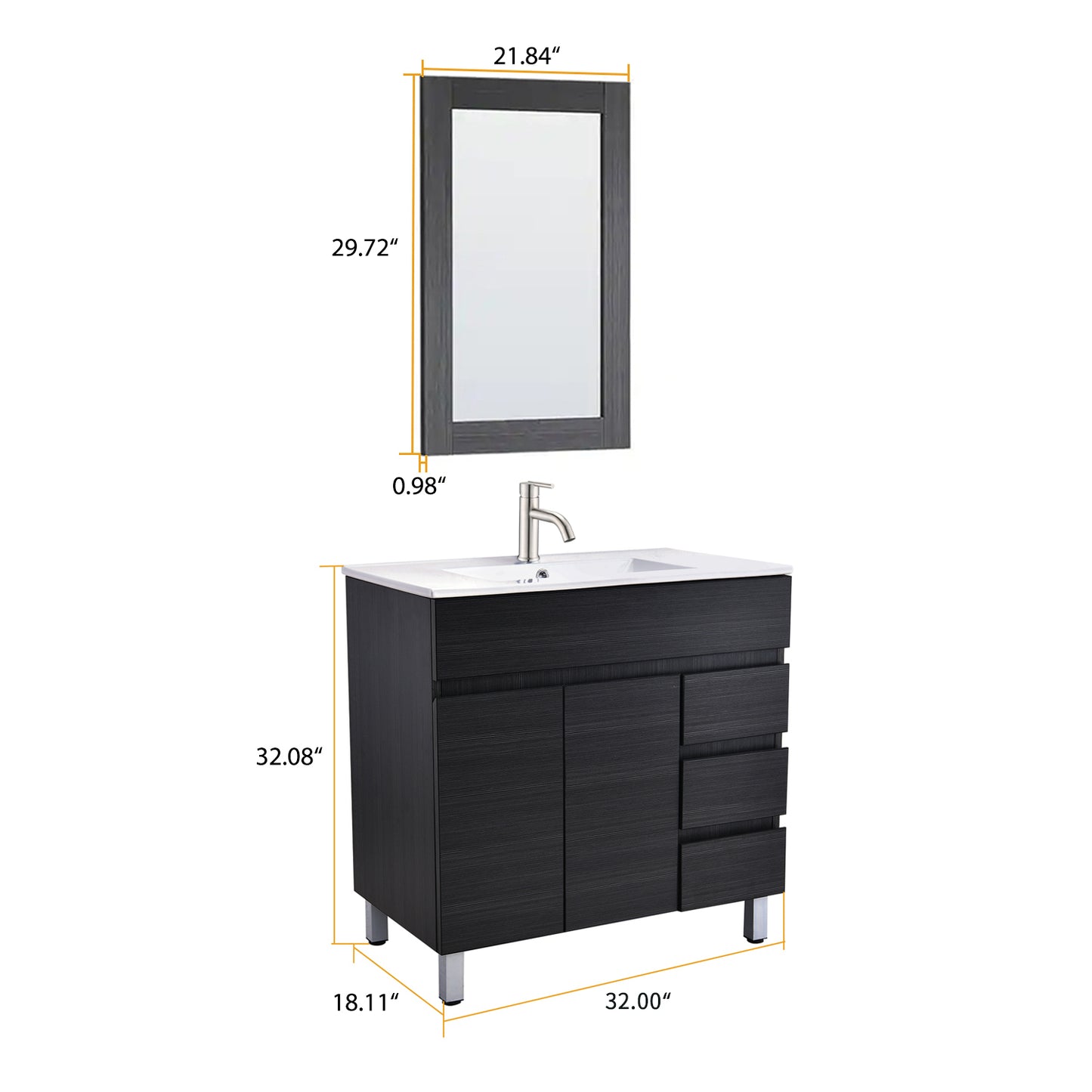 32 INCH Black Wood Bathroom Vanity Set with Faucet and Mirror