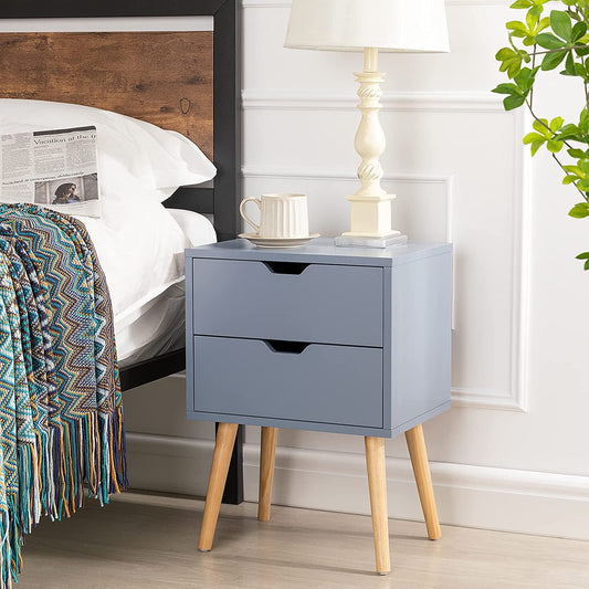 Blue Modern Wood Nightstand with 2 Drawers