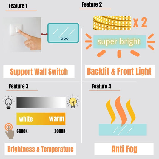 60 in. W x 28 in. H LED Large Rectangular Frameless Anti-Fog Bathroom Mirror Front & Backlit