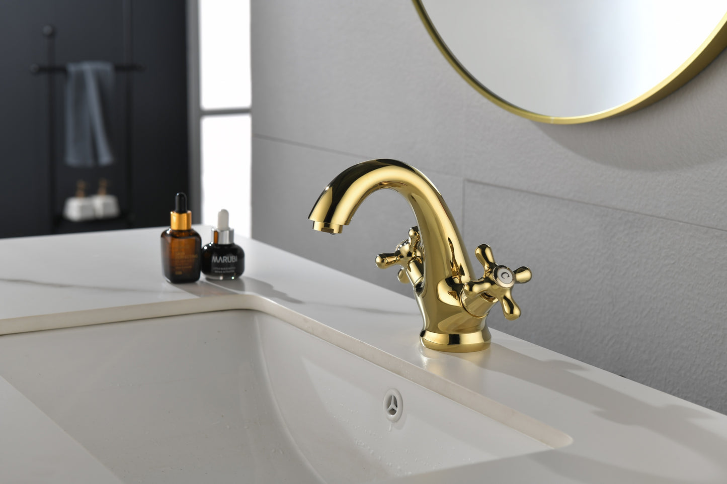 Bathroom Sink Faucet 2 Cross Knobs Gold Polish with Cover Plate Single Hole Vanity Vessel Sink Basin Cold and Hot Water Deck Mounted