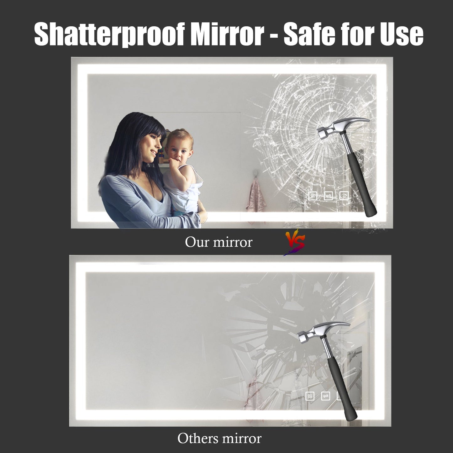 60 in. W x 30 in. H LED Rectangular Frameless Anti-Fog Bathroom Mirror Front & Backlit