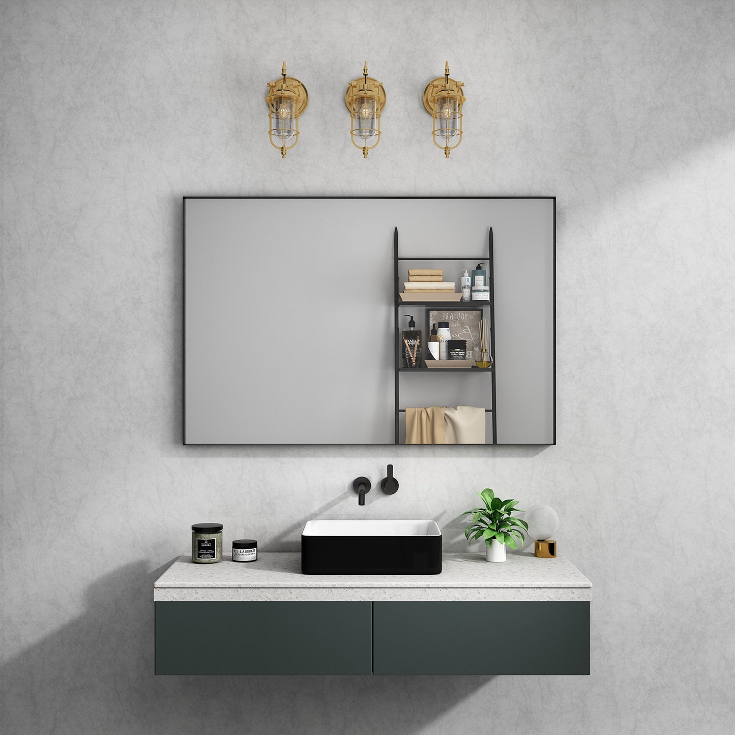 Rectangular Framed Bathroom Mirror Right Angle in Matte Black