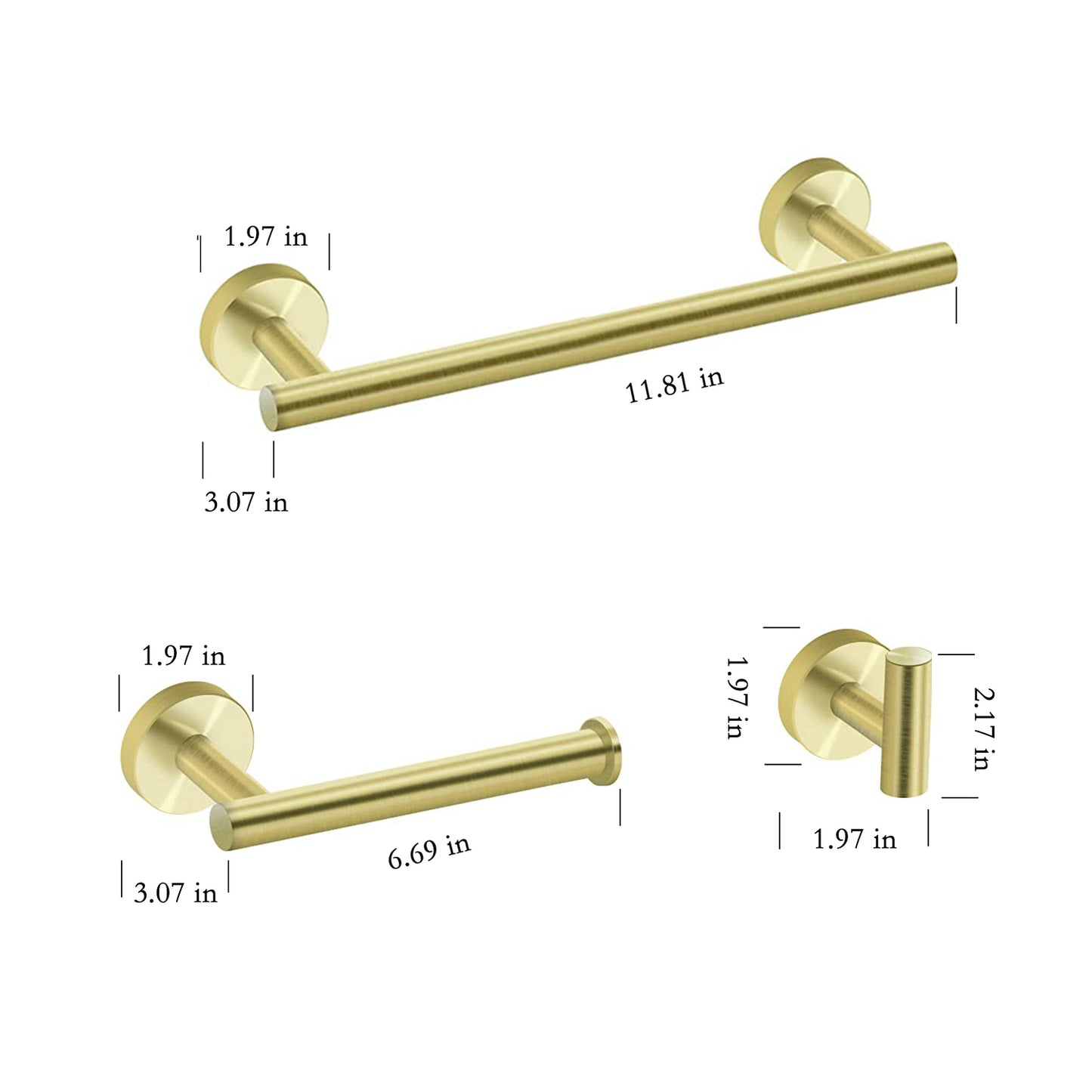 3-Piece Bath Hardware Set with Towel Bar, Toilet Paper Holder and Towel Hook in Gold