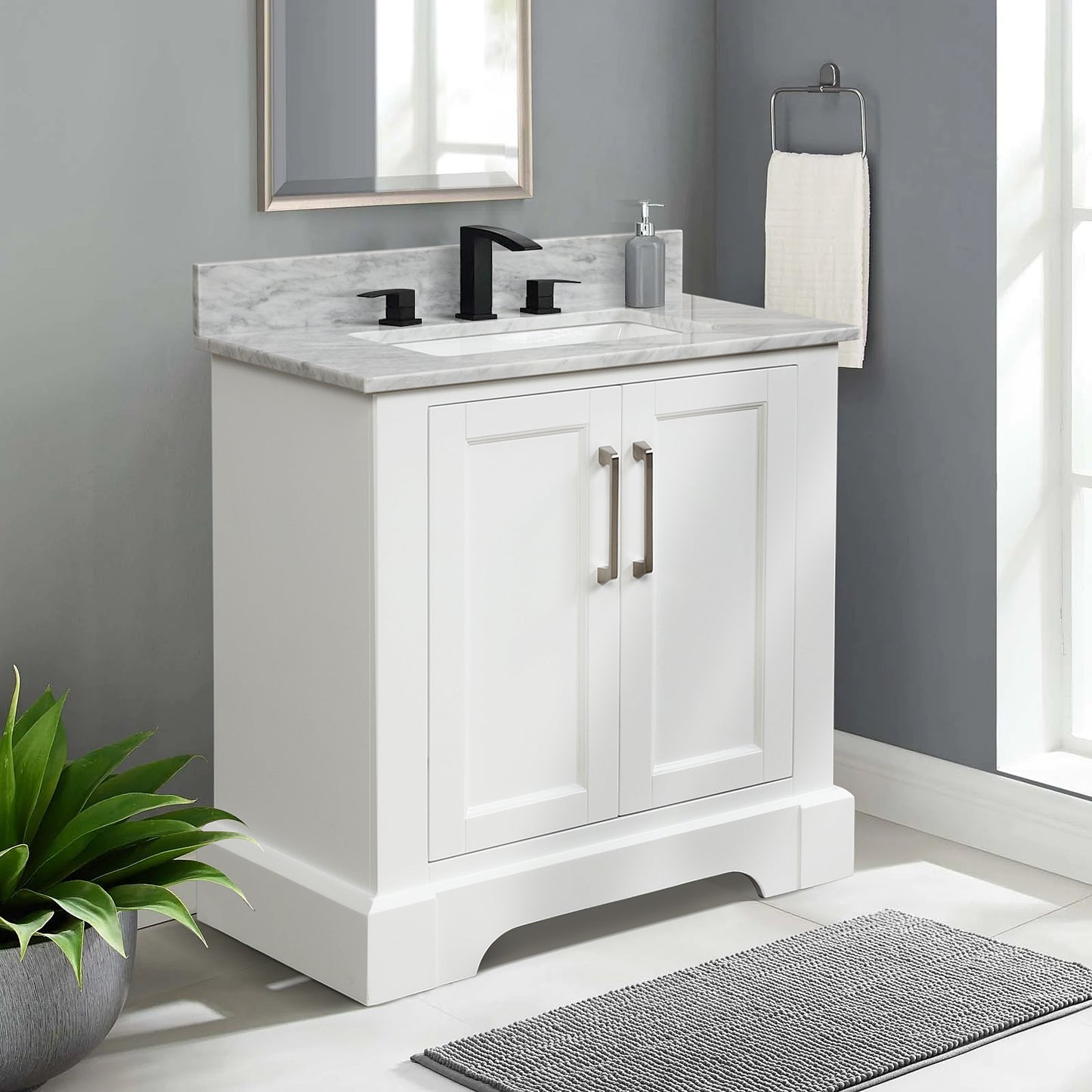 30 Inch Single Solid Wood Bathroom Vanity Set, with Drawers, Carrara White Marble Top, 3 Faucet Hole