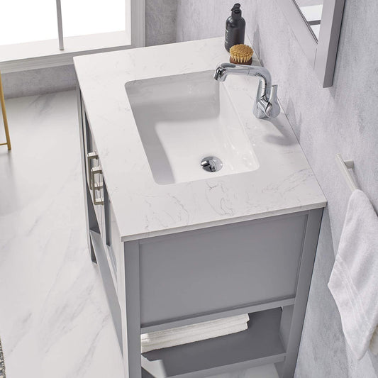 30 Inch Gray Bathroom Vanity with Sink&Cabinet, Modern Bathroom Sink Vanity with Marble Countertop and White Ceramic Sink