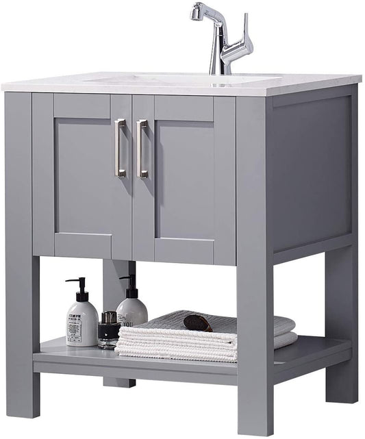 30 Inch Gray Bathroom Vanity with Sink&Cabinet, Modern Bathroom Sink Vanity with Marble Countertop and White Ceramic Sink