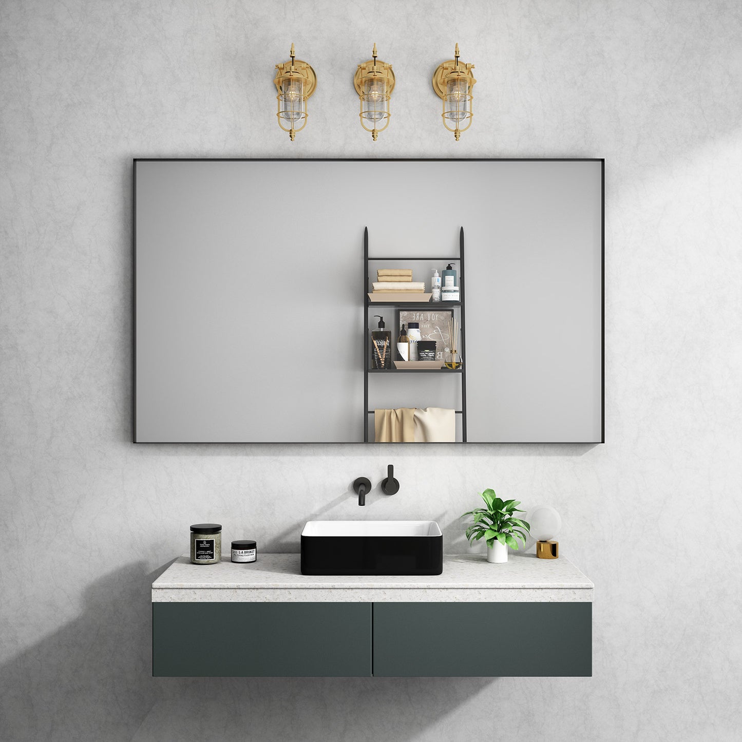 Rectangular Framed Bathroom Mirror Right Angle in Matte Black