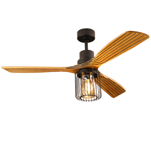 52" Indoor Solid Wood Matte Black Cage Shade Retro Ceiling Fan With Light With Remote Control