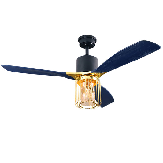 52" Indoor Solid Wood Matte Black Bright Gold Morden Ceiling Fan With Light And Remote Control