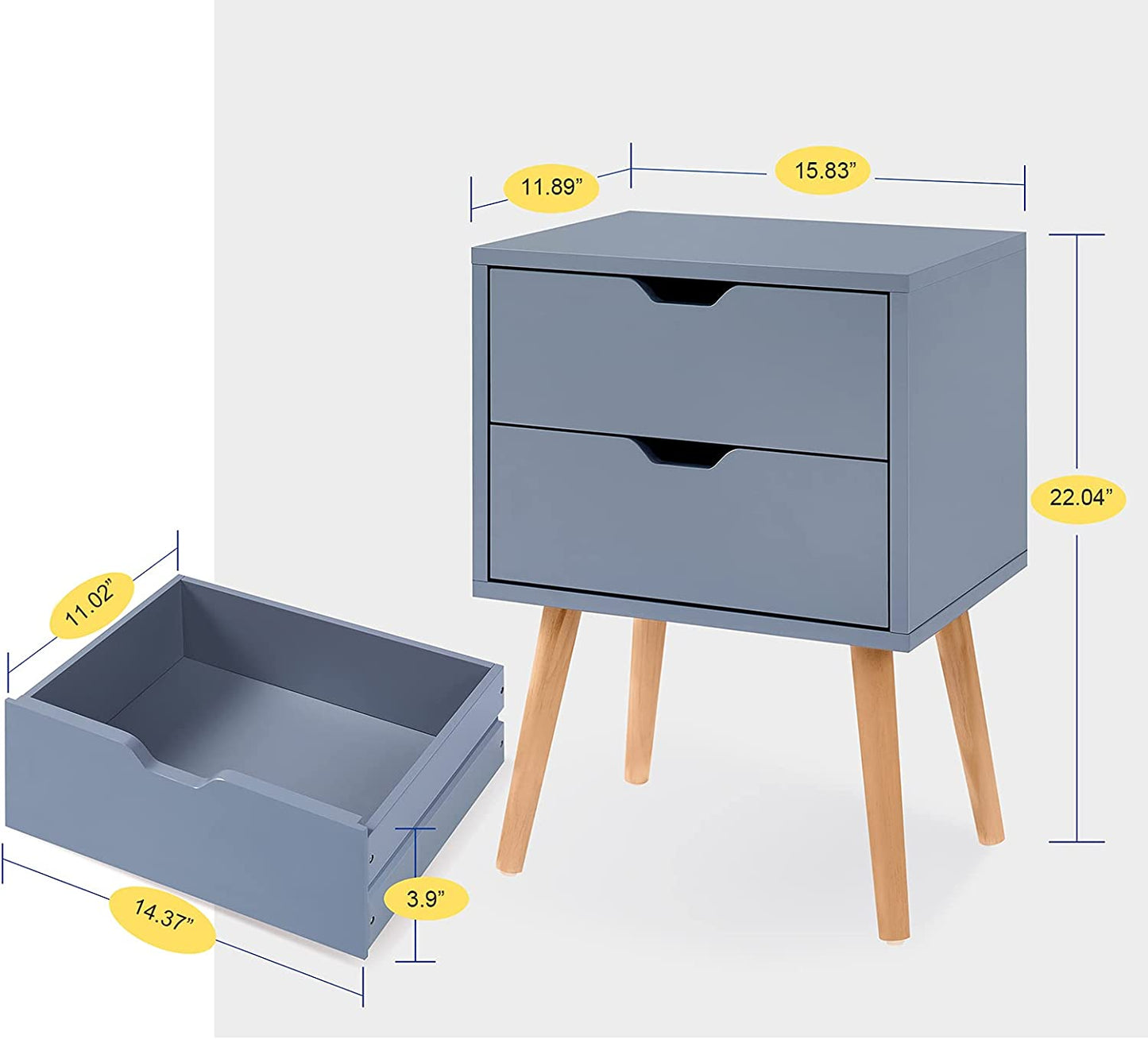 Blue Modern Wood Nightstand with 2 Drawers