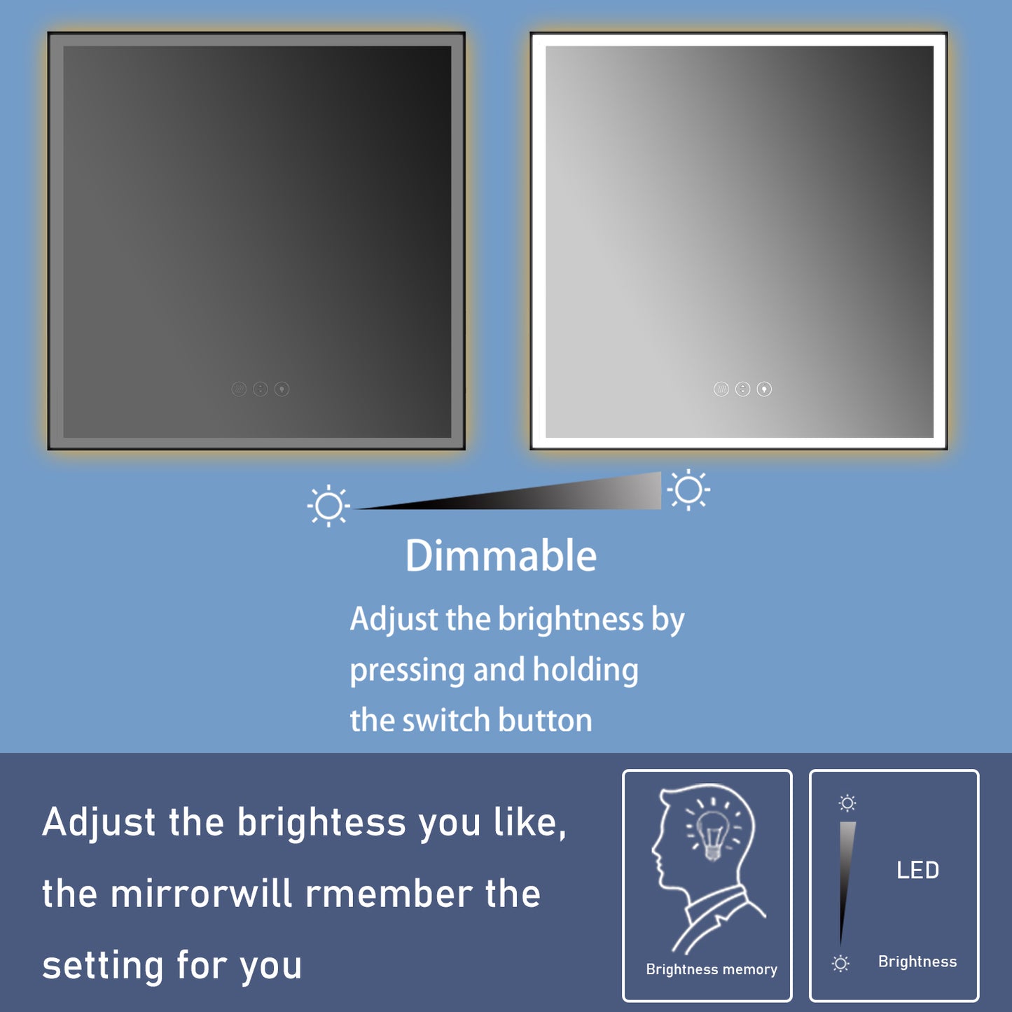 36'' W x 36'' H LED Bathroom Mirror, Fog Free, Dimmable, Black Frame, Front Light & Backlit