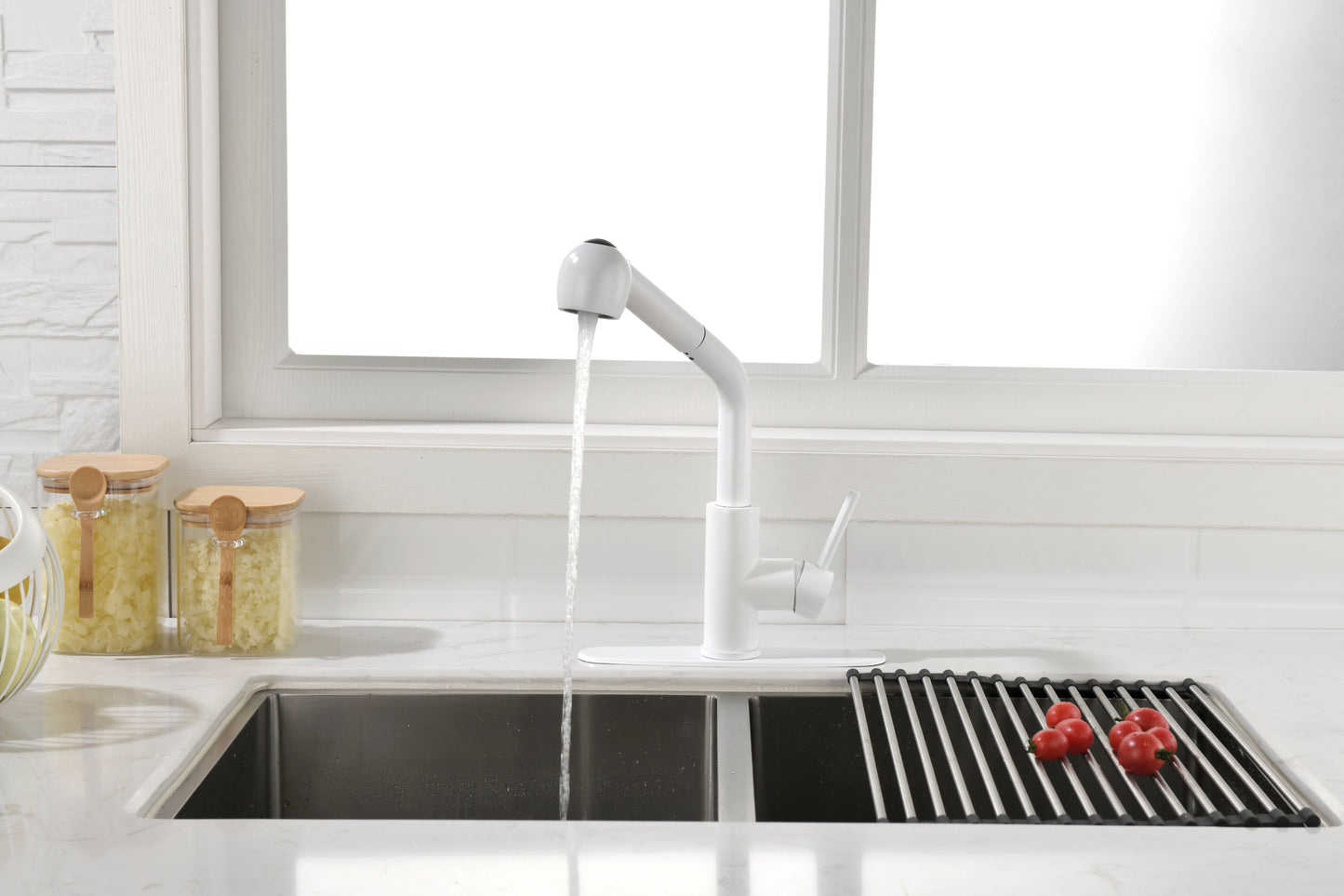 in White Pull-Out Sprayer Kitchen Faucet In Stainless with Deck Plate