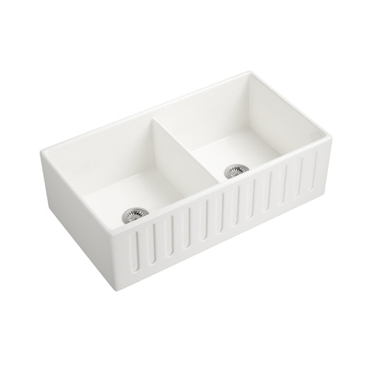 White Fireclay Ceramic 33 in. Double Bowl Farmhouse Apron Workstation Kitchen Sink