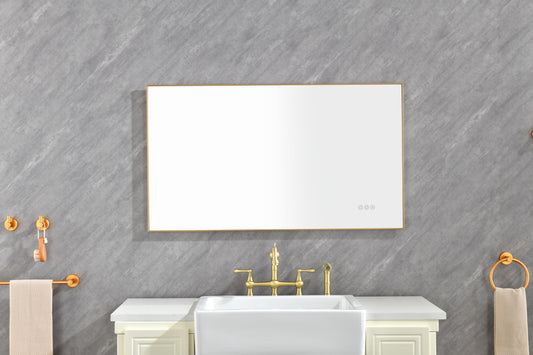LED Rectangular Brushed Gold Framed Anti-Fog Bathroom Mirror Back and Side Light