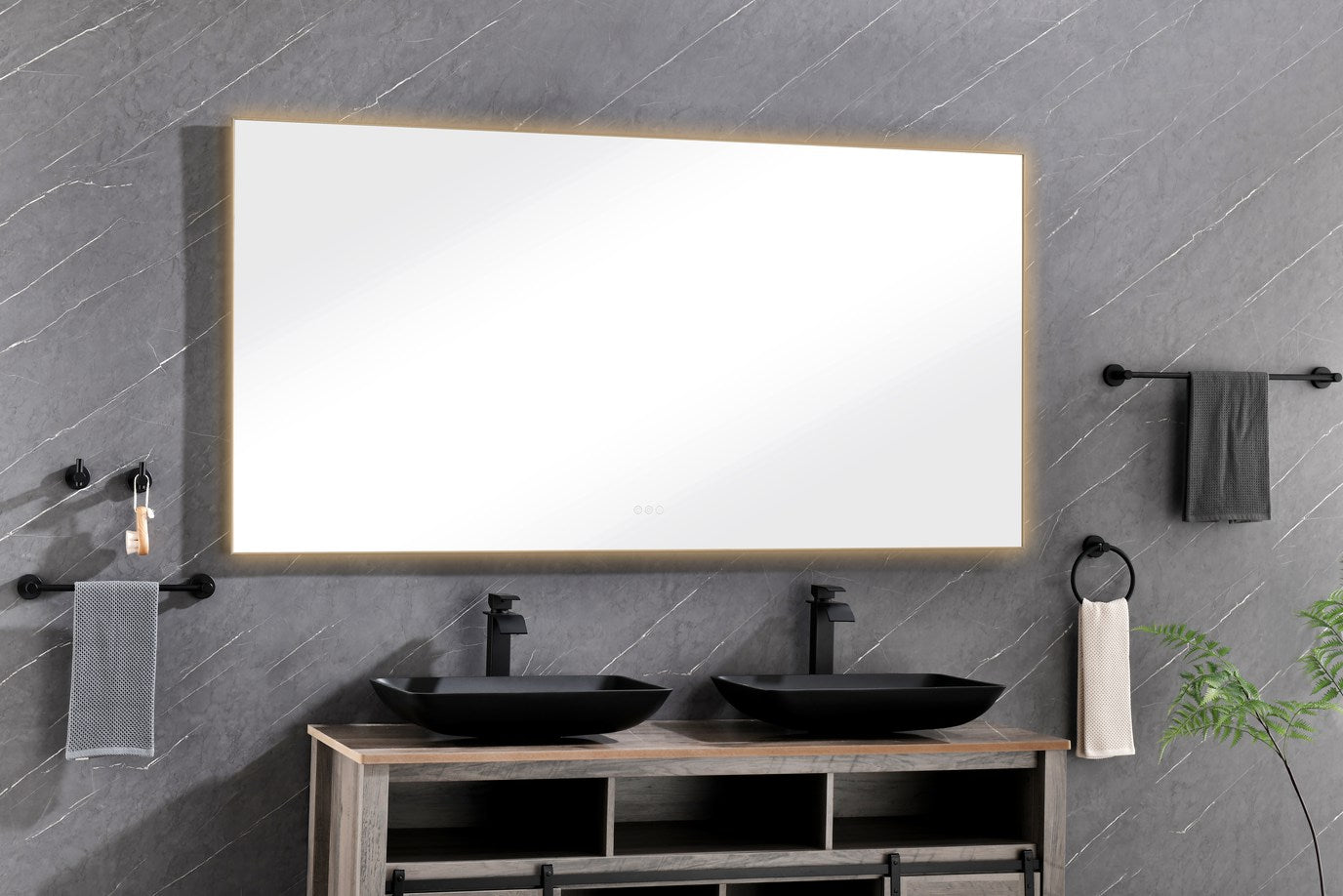 LED Rectangular Gray Framed Anti-Fog Bathroom Mirror Back and Side Light