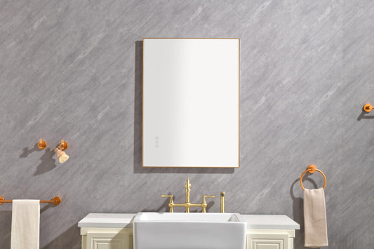 LED Rectangular Brushed Gold Framed Anti-Fog Bathroom Mirror Back and Side Light