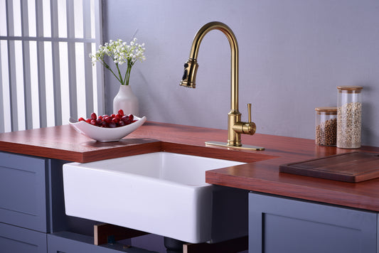 Pull Down Bridge Kitchen Sink Faucet Solid Brass Dual Lever Handles Brushed Gold