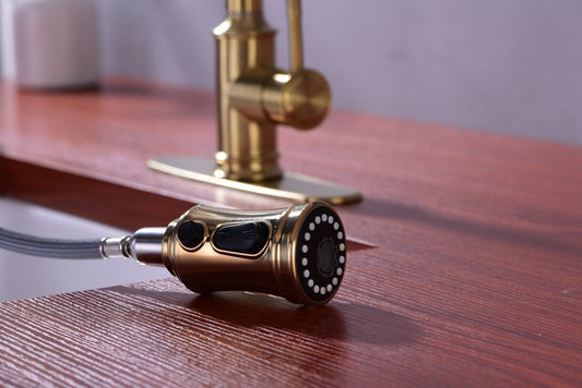 Pull Down Bridge Kitchen Sink Faucet Solid Brass Dual Lever Handles Brushed Gold