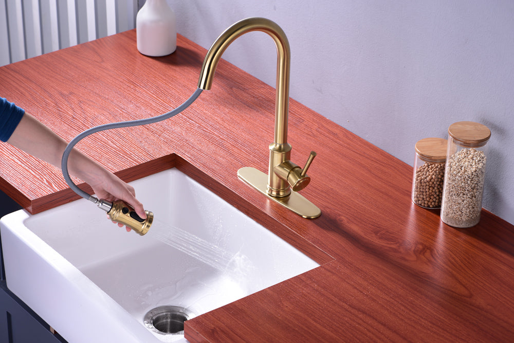 Pull Down Bridge Kitchen Sink Faucet Solid Brass Dual Lever Handles Brushed Gold