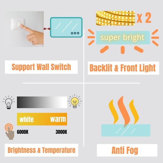 48 in. W x 32 in. H LED Large Rectangular Frameless Anti-Fog Bathroom Mirror Front & Backlit