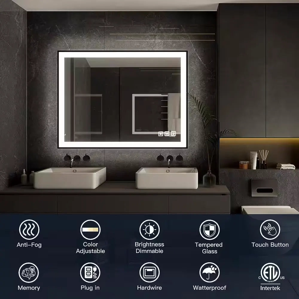 60'' W x 28'' H LED Bathroom Mirror, Fog Free, Dimmable, Black Frame, Front Light & Backlit