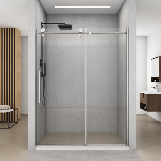 57-60 in. W x 76 in. H Sliding Semi-Frameless Shower Door Brushed Nickel Clear Glass