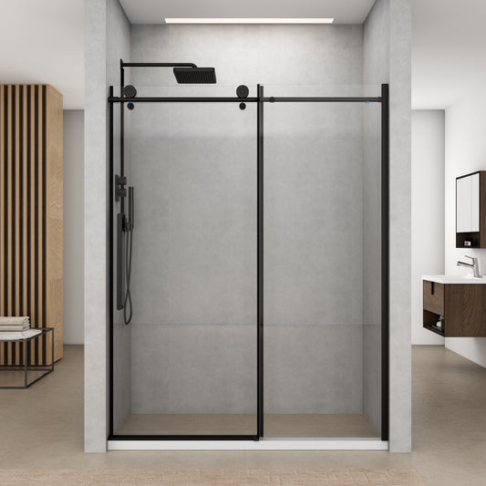 57-60 in. W x 76 in. H Sliding Semi-Frameless Shower Door Matte Black Clear Glass