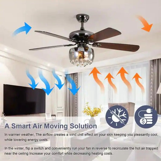 52 in. Intergrated LED Indoor Black Ceiling Fan with Light and Remote Include Light Kit Downrod