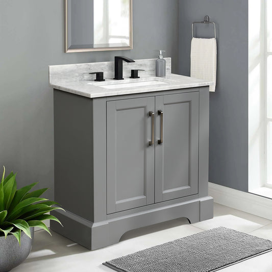 30 Inch Single Solid Wood Bathroom Vanity Set, with Drawers, Carrara White Marble Top, 3 Faucet Hole