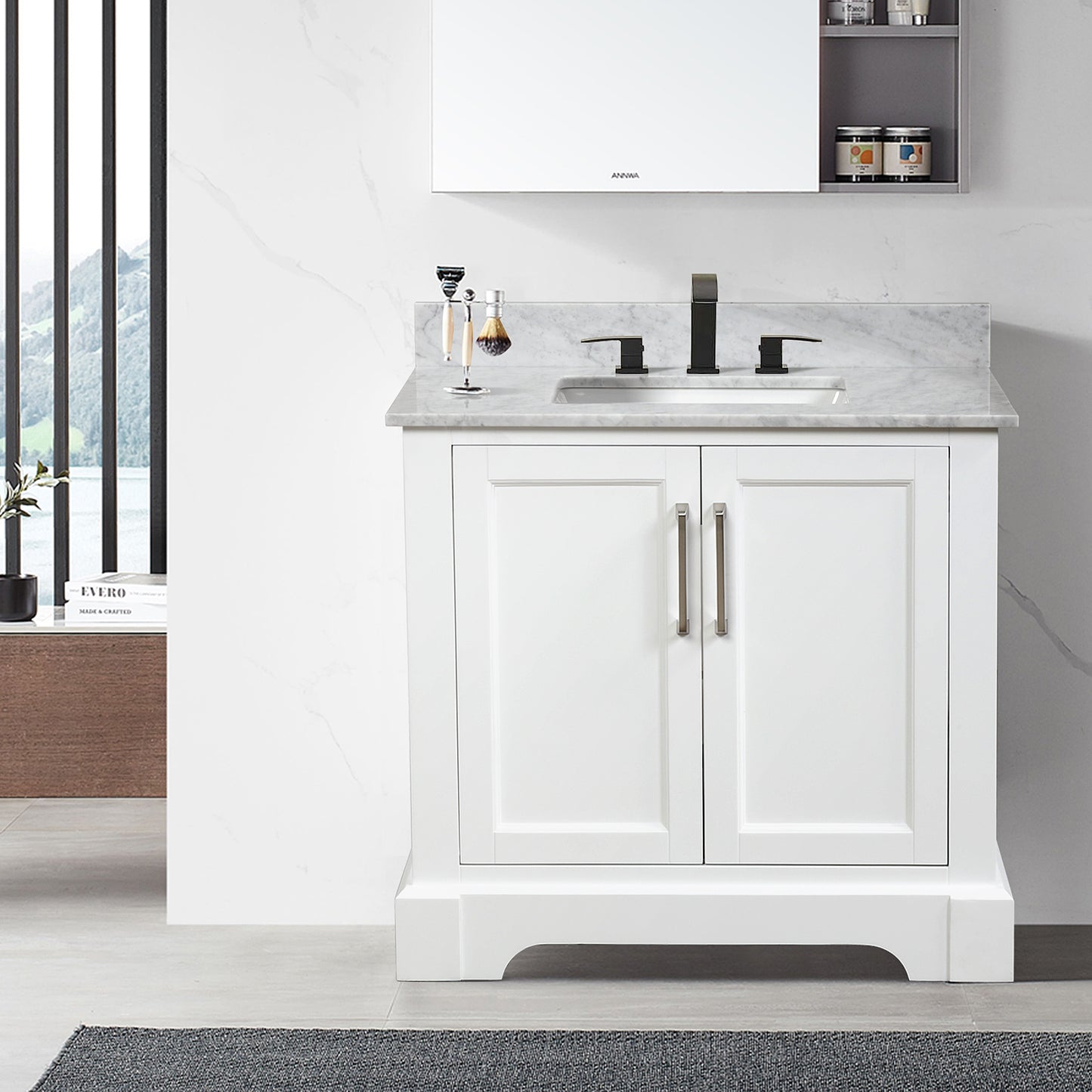 36 Inch Single Solid Wood Bathroom Vanity Set, with Drawers, Carrara White Marble Top, 3 Faucet Hole