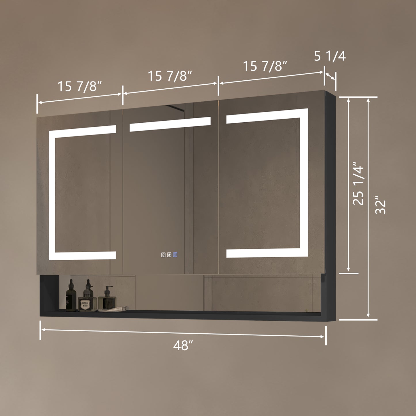 48 in. W x 32 in. H Black Surface Mount Medicine Cabinet with Mirror and Lighted Motion Sensor