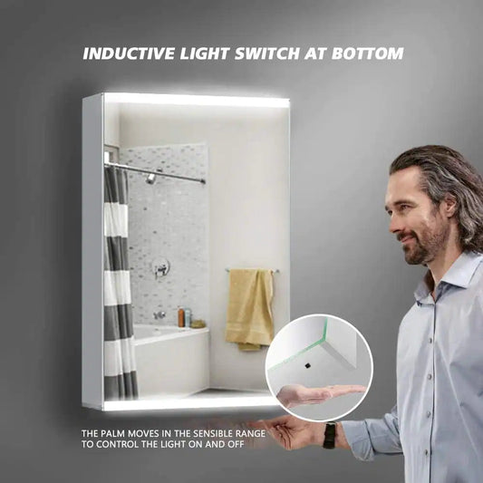 CAD 15 in. W x 26 in. H Left Open Silver Surface Mount Medicine Cabinet with Mirror and Lighted Motion Sensor