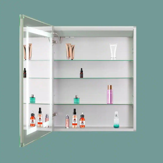 24 in. W x 30 in. H Medium Rectangular Silver Aluminum Recessed/Surface Mount Medicine Cabinet with Mirror Left Open